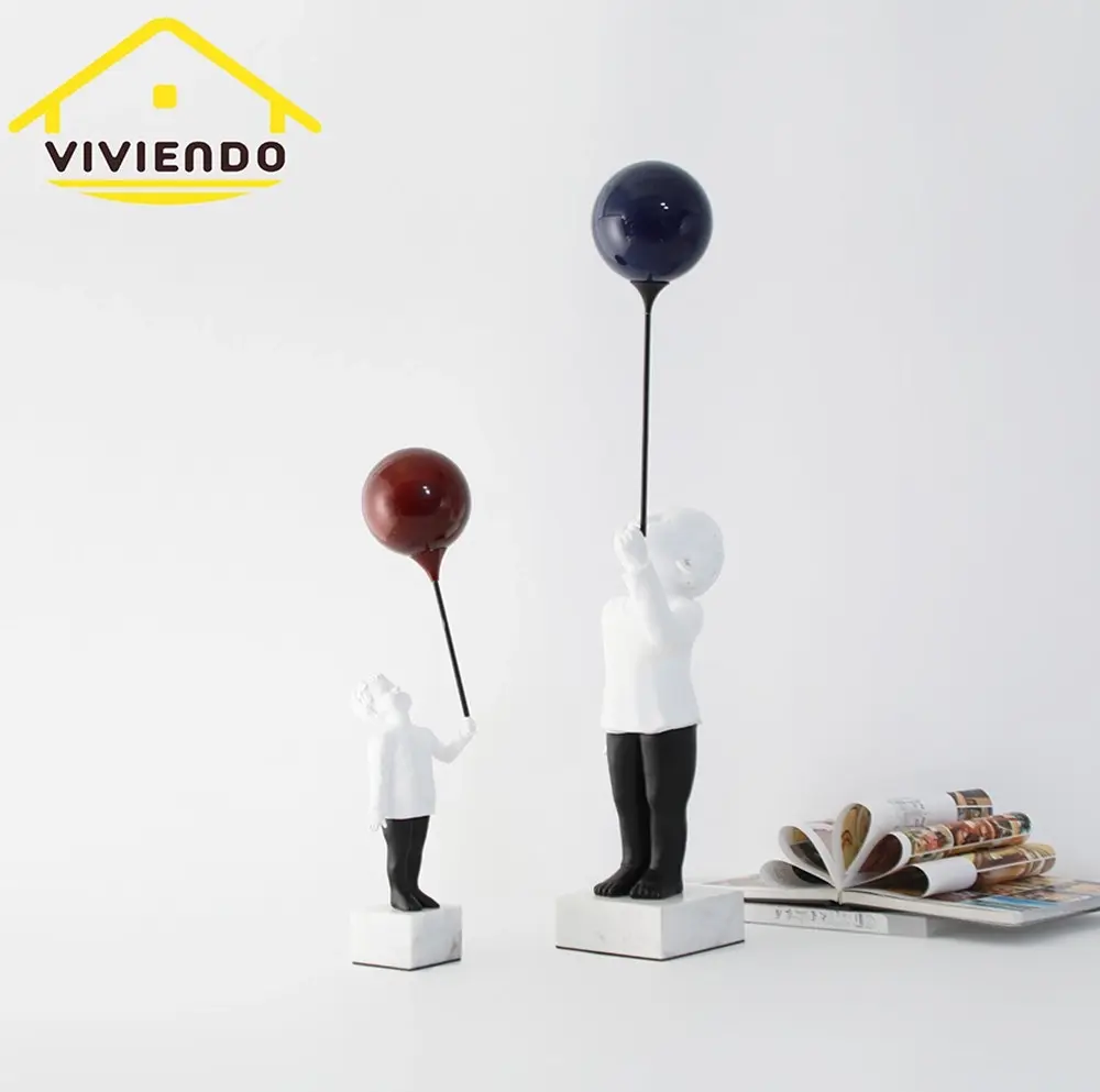 Viviendo Child With Balloon Statue Ornament in Marble Stone, Resin & Stainless Steel