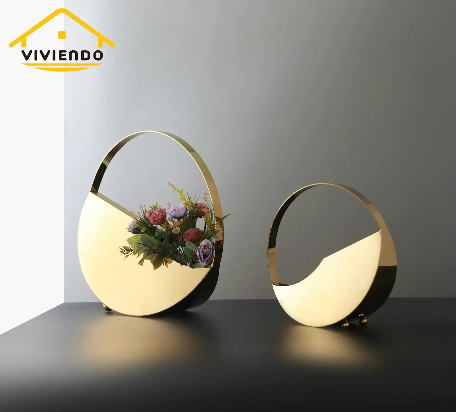 Viviendo Golden Circle Designer Flower Vase in Stainless Steel Art Decorative Desktop