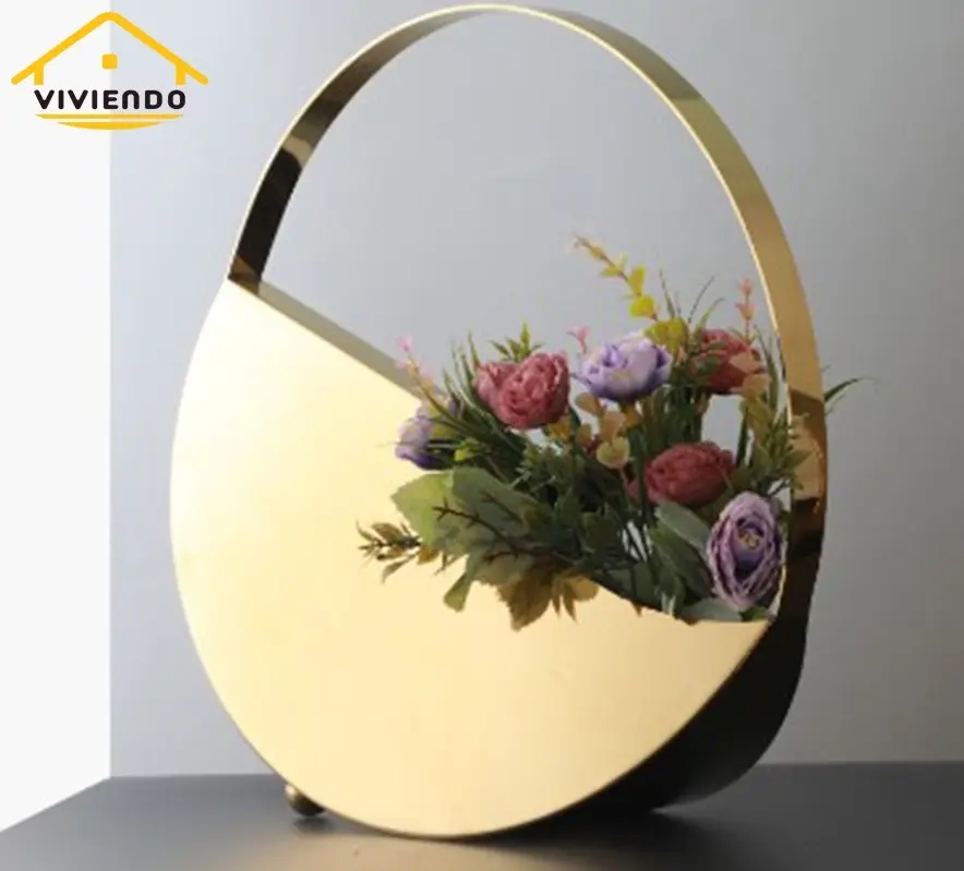 Viviendo Golden Circle Designer Flower Vase in Stainless Steel Art Decorative Desktop