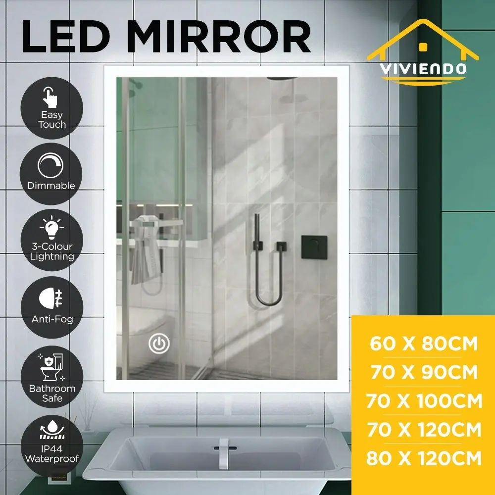 Viviendo LED Bathroom Rectangular Vanity Mirror Light Dimmable Anti-Fog Wall Mounted Touch switch Mirror Light - 60 x 80cm