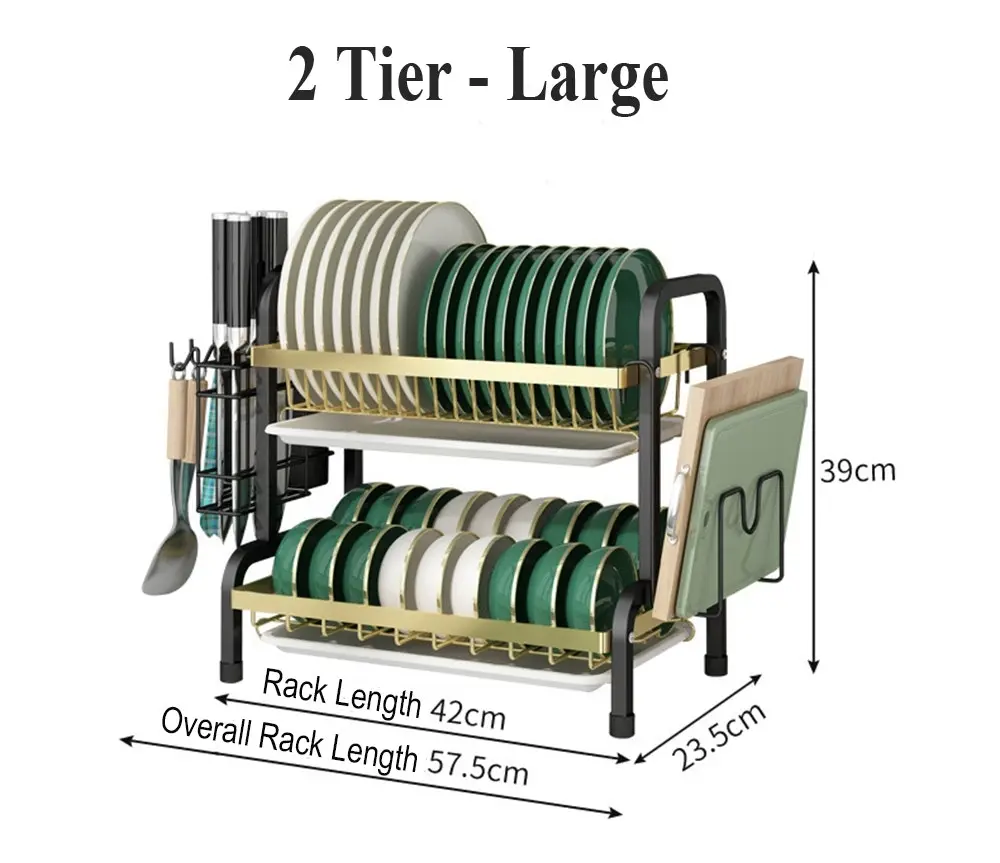 Viviendo 2 tier Dish Drying Rack, Carbon Steel Kitchen Counter Dish Drainer with Cutlery Holder, Drip Tray - Black & Gold