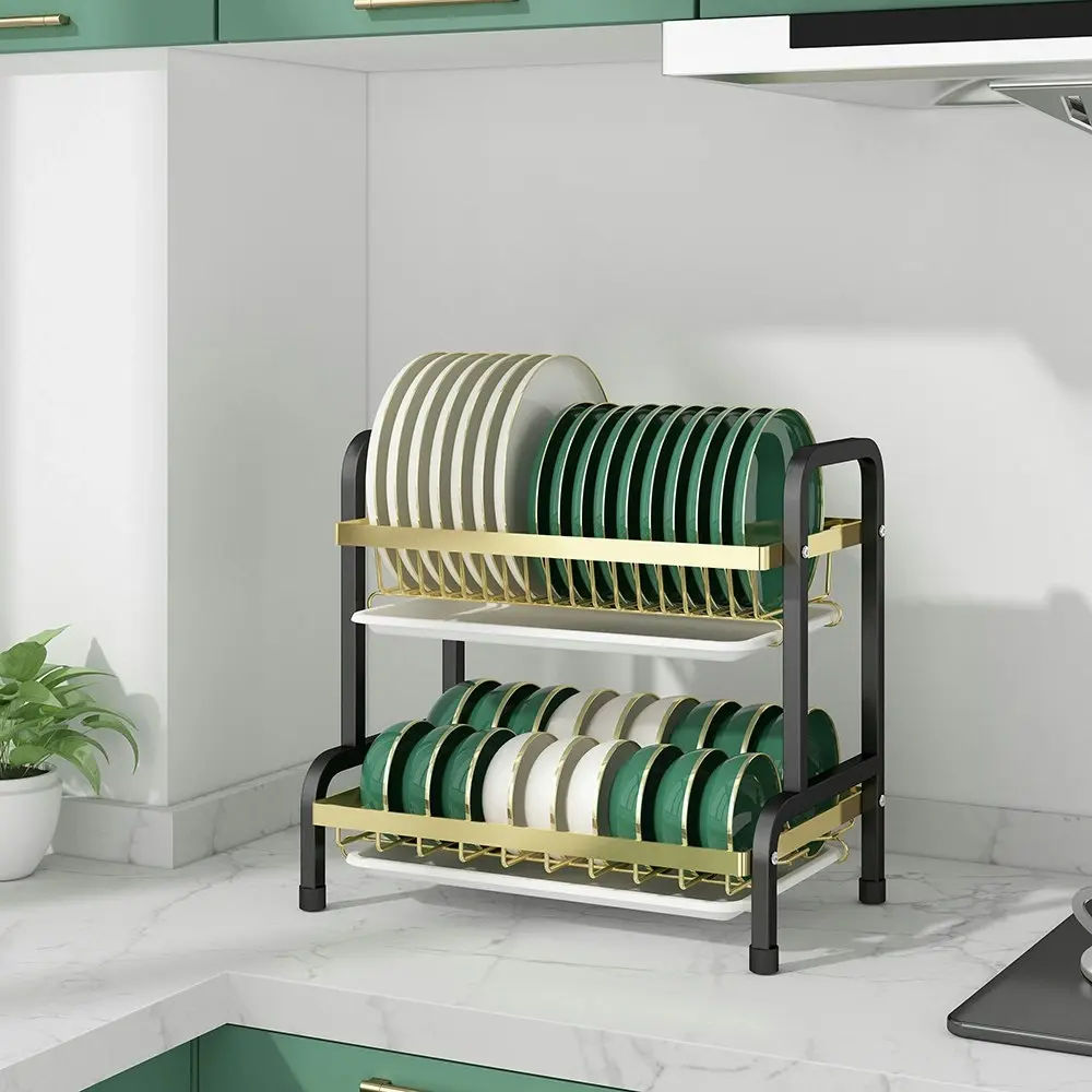 Viviendo 2 tier Dish Drying Rack, Carbon Steel Kitchen Counter Dish Drainer with Cutlery Holder, Drip Tray - Black & Gold