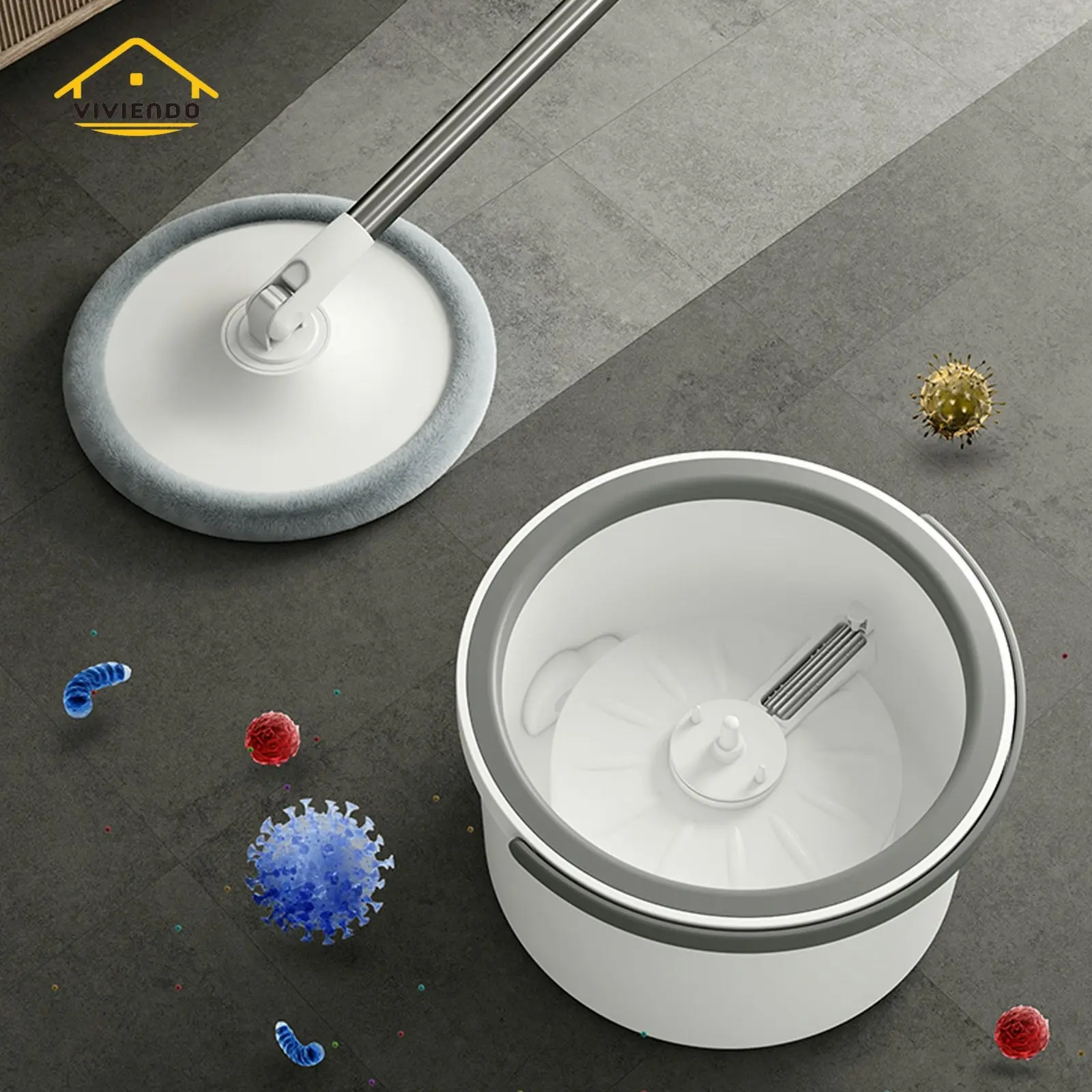 Self Wringing Spin Mop Bucket Set with Extendable Handle 360Â° Swivel and 2x Microfibre Mop Heads - Classic