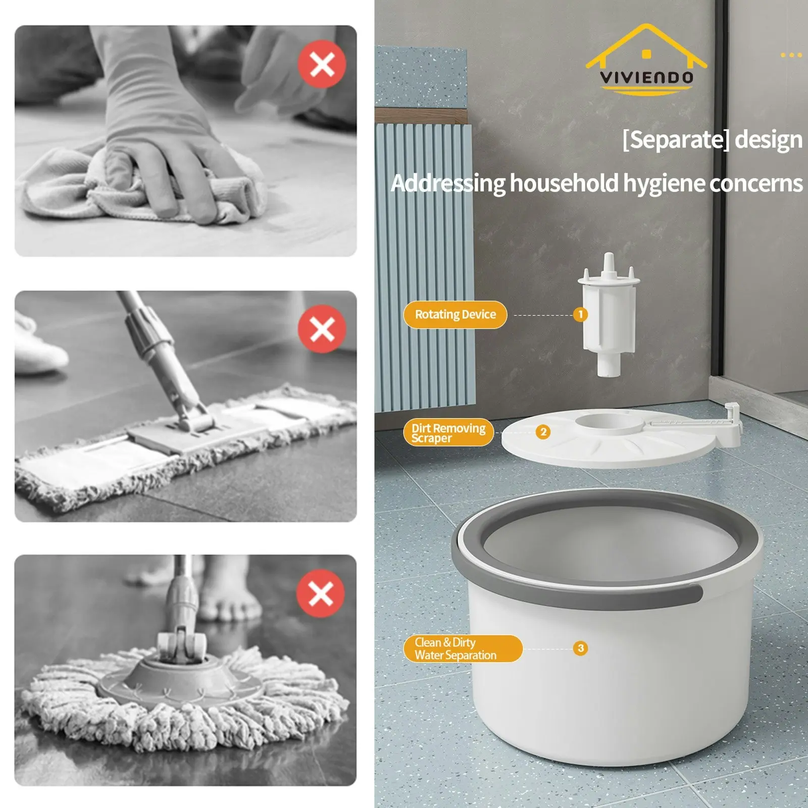 Self Wringing Spin Mop Bucket Set with Extendable Handle 360Â° Swivel and 2x Microfibre Mop Heads - Classic