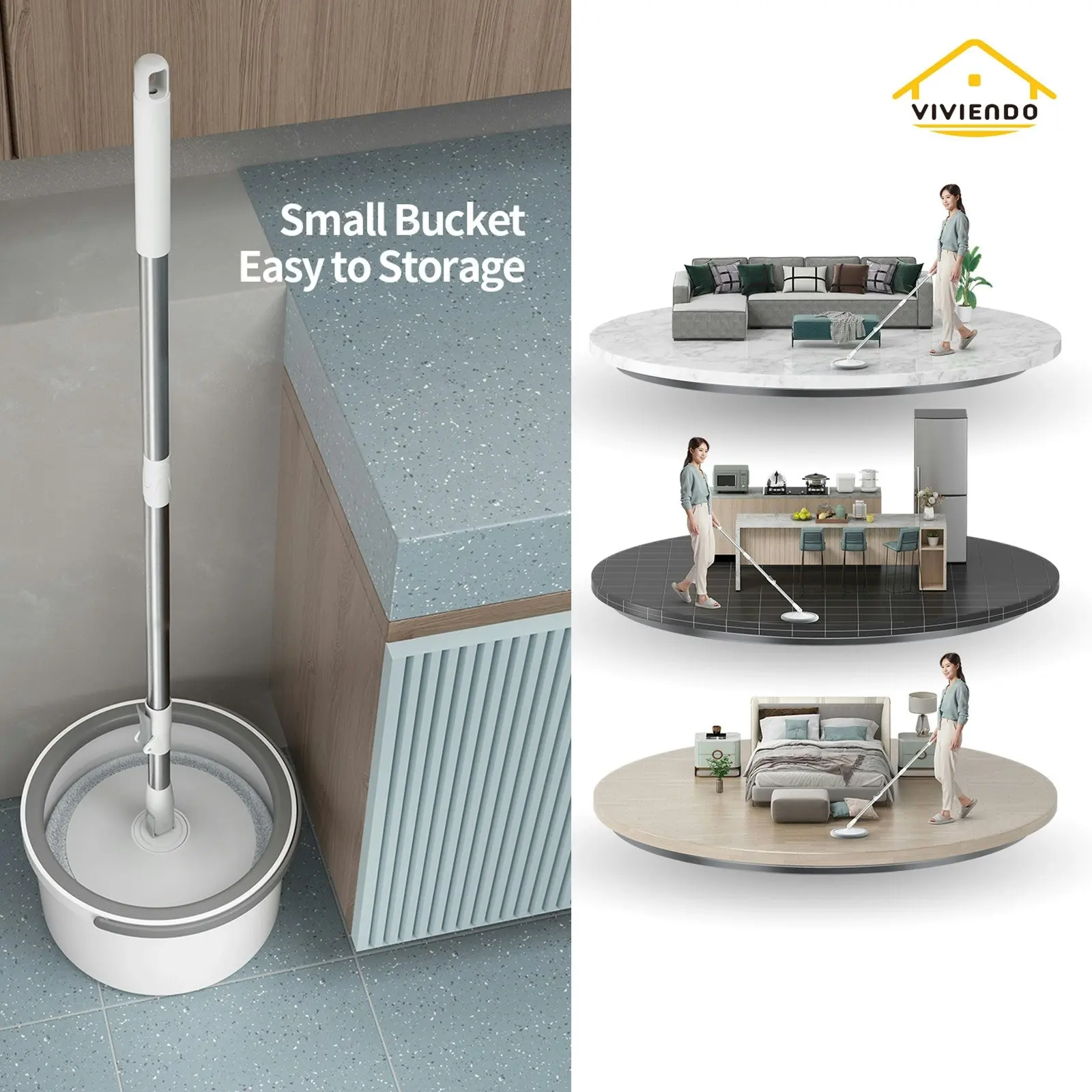 Self Wringing Spin Mop Bucket Set with Extendable Handle 360Â° Swivel and 2x Microfibre Mop Heads - Classic