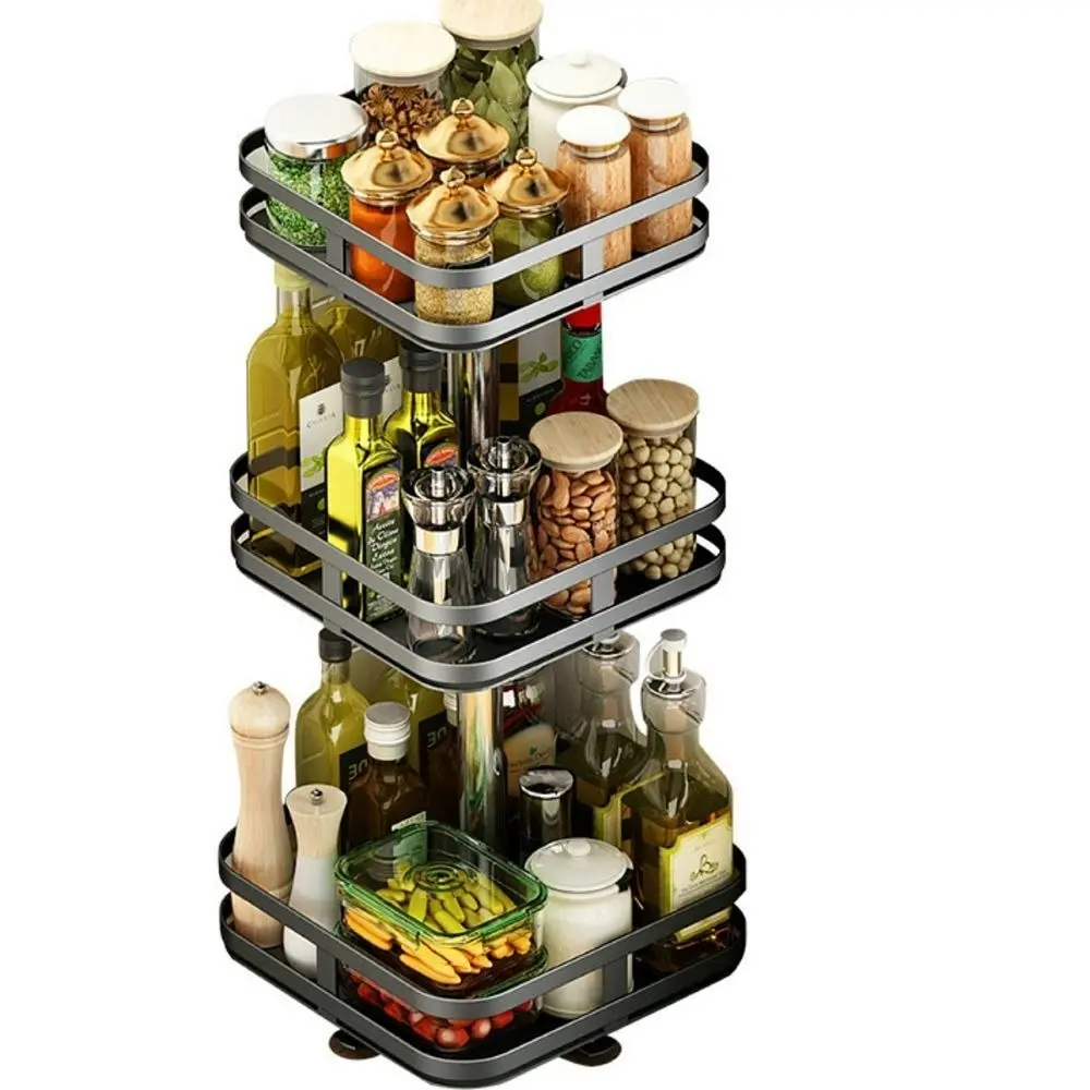 Viviendo Square Rotating Spice Rack Organiser for Pantry, Kitchen Countertop,  Multitiered in Carbon Steel