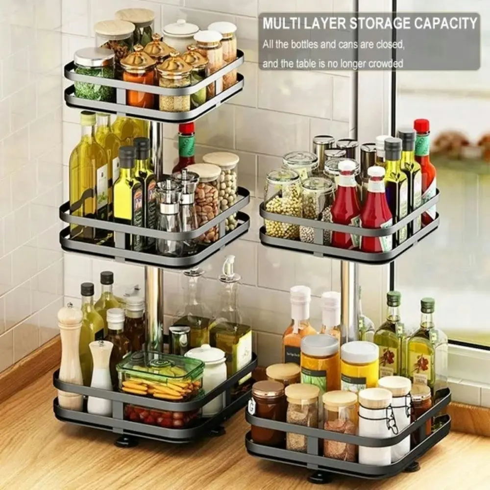 Viviendo Square Rotating Spice Rack Organiser for Pantry, Kitchen Countertop,  Multitiered in Carbon Steel