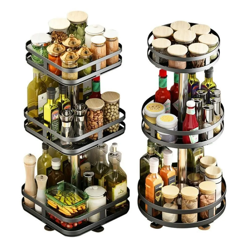 Viviendo Square Rotating Spice Rack Organiser for Pantry, Kitchen Countertop,  Multitiered in Carbon Steel