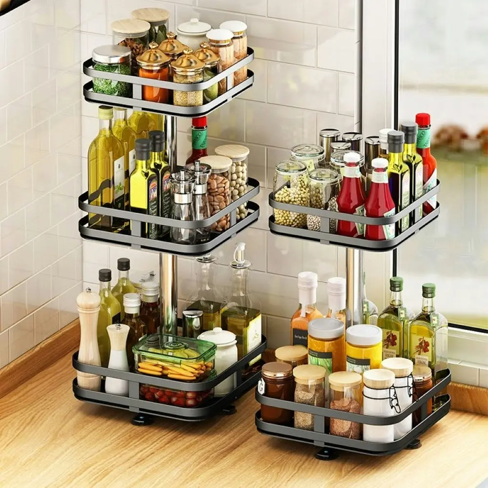 Viviendo Square Rotating Spice Rack Organiser for Pantry, Kitchen Countertop,  Multitiered in Carbon Steel