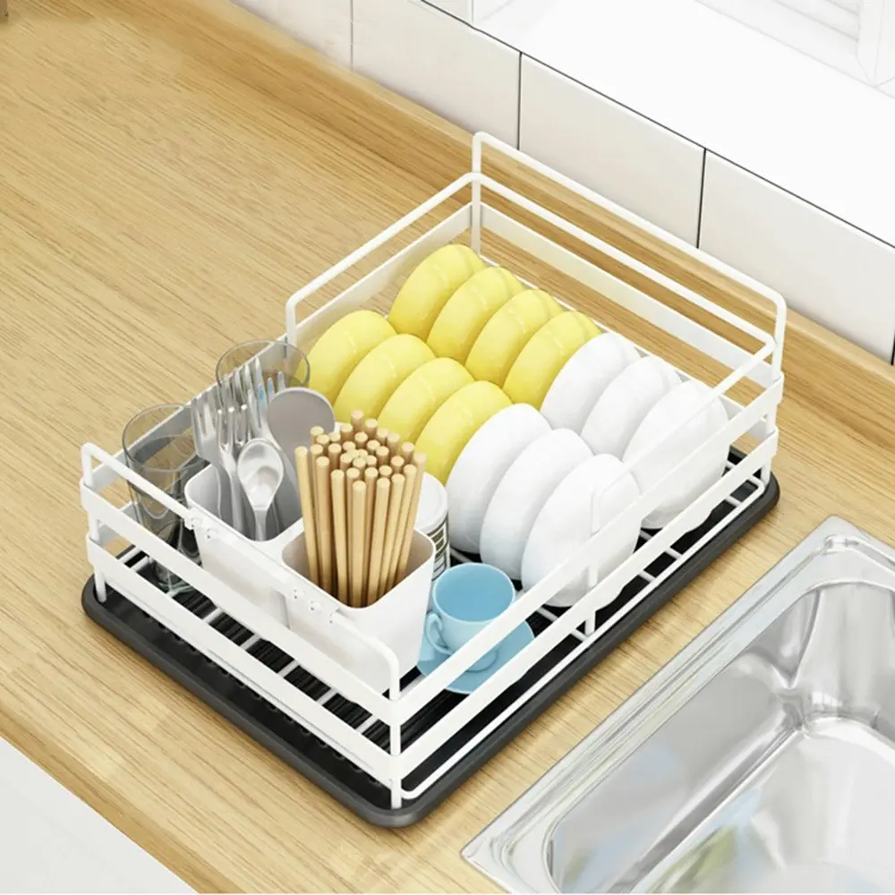 Viviendo 2 tier Dish Drainer Kitchen Counter Dish Rack  with Cutlery Holder, Drip Tray - White