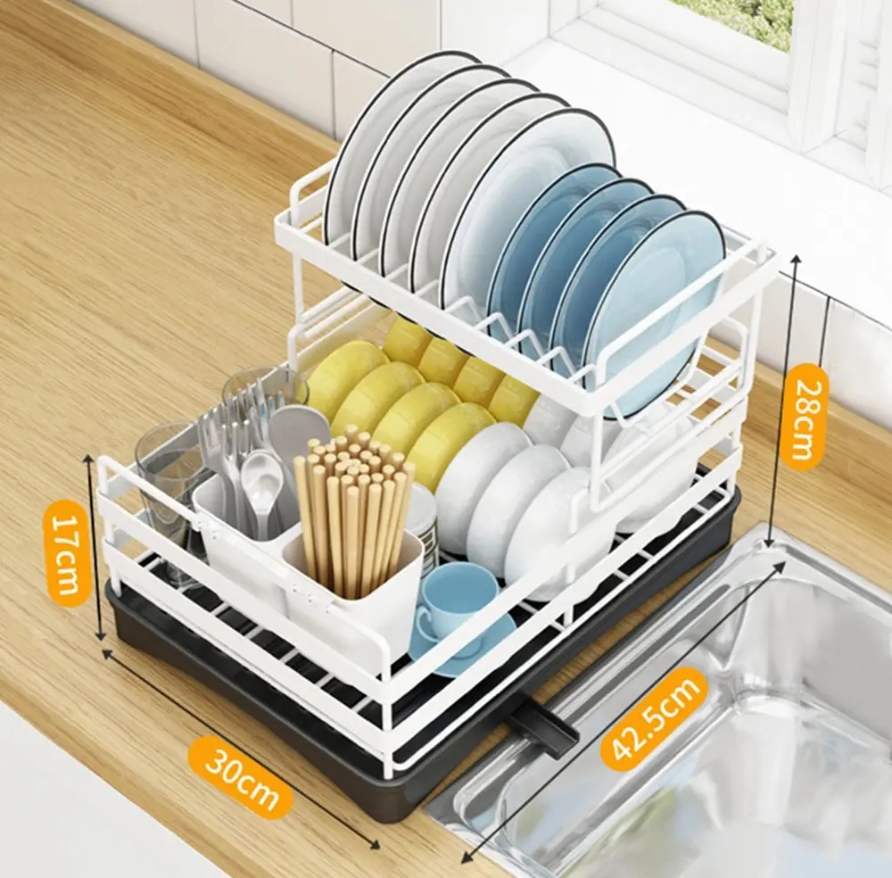 Viviendo 2 tier Dish Drainer Kitchen Counter Dish Rack  with Cutlery Holder, Drip Tray - White