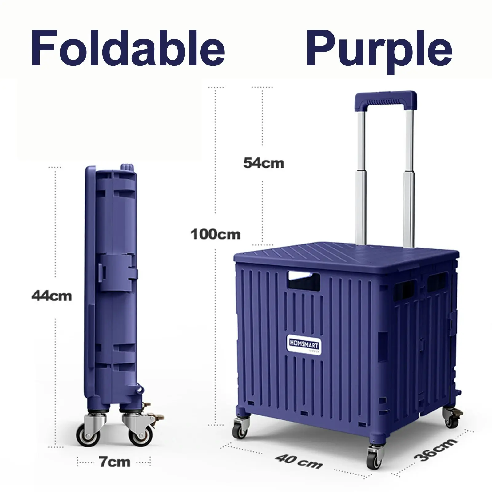 Viviendo 65L Foldable Shopping Trolley Cart Portable Grocery Basket Rolling Wheel with Top Cover - Purple