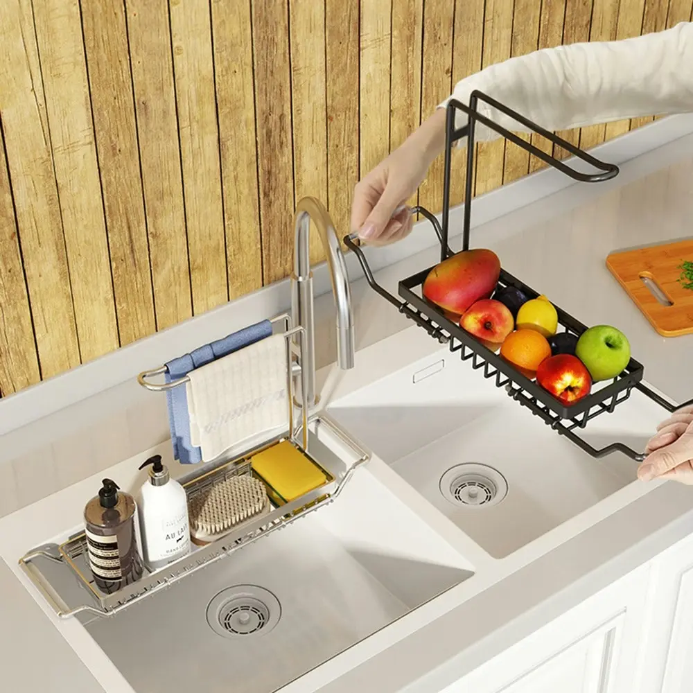 Expandable In-Sink Dish Drying Rack, Over the Sink Kitchen Caddy with Handles and Tea Towel Rack