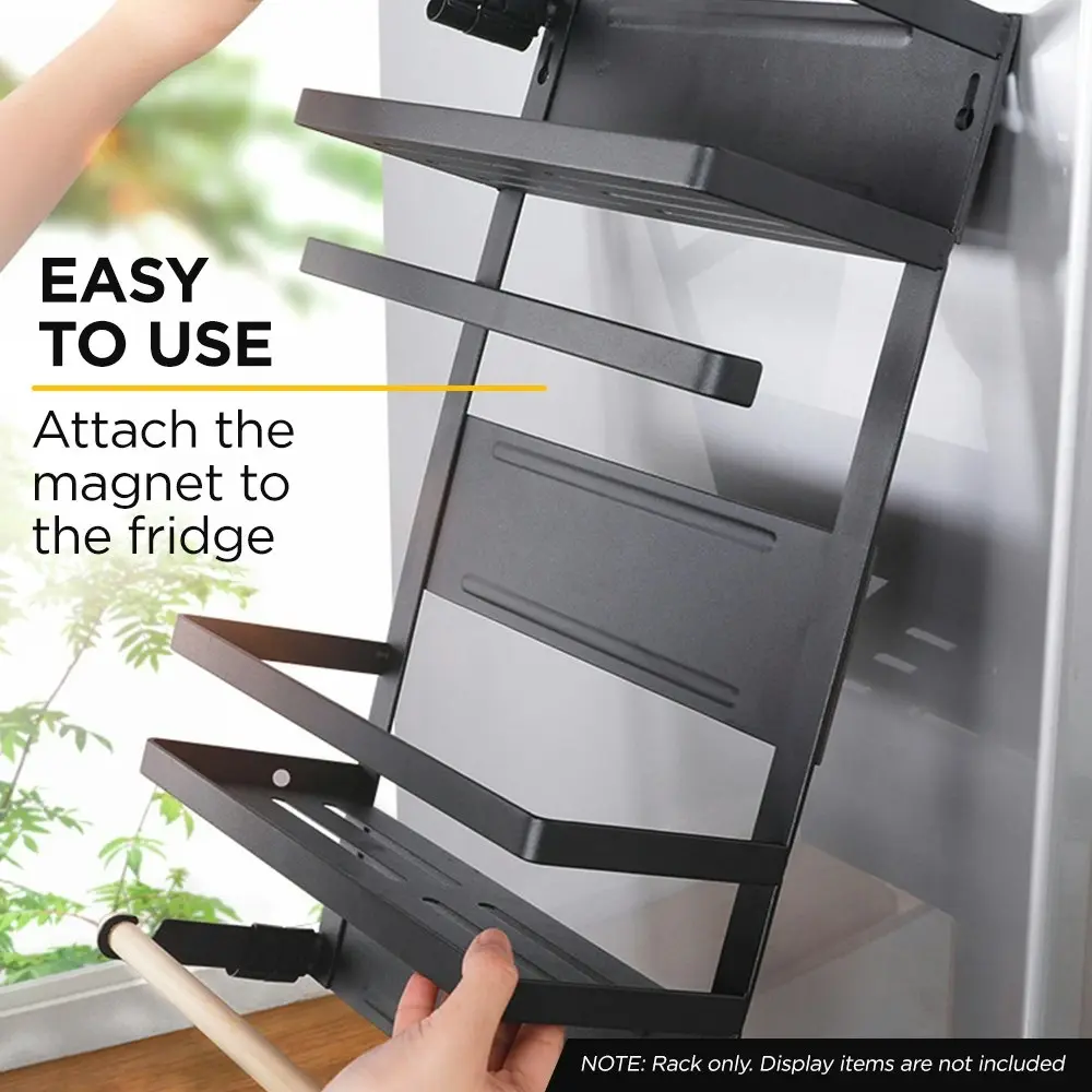 Viviendo Magnetic Fridge Storage Shelf with Paper Towel Holder Kitchen Spice Rack Organiser - Black