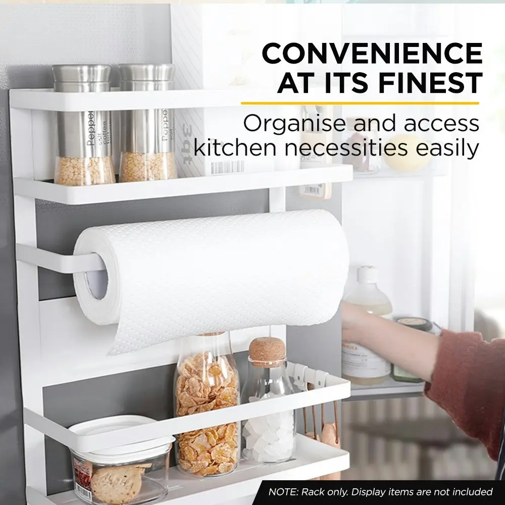 Viviendo Magnetic Fridge Storage Shelf with Paper Towel Holder Kitchen Spice Rack Organiser - White