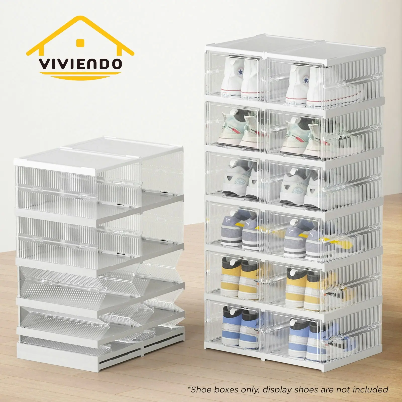 Viviendo Foldable 3 Tier Transparent Buckle Closure Stackable Shoe Box - White