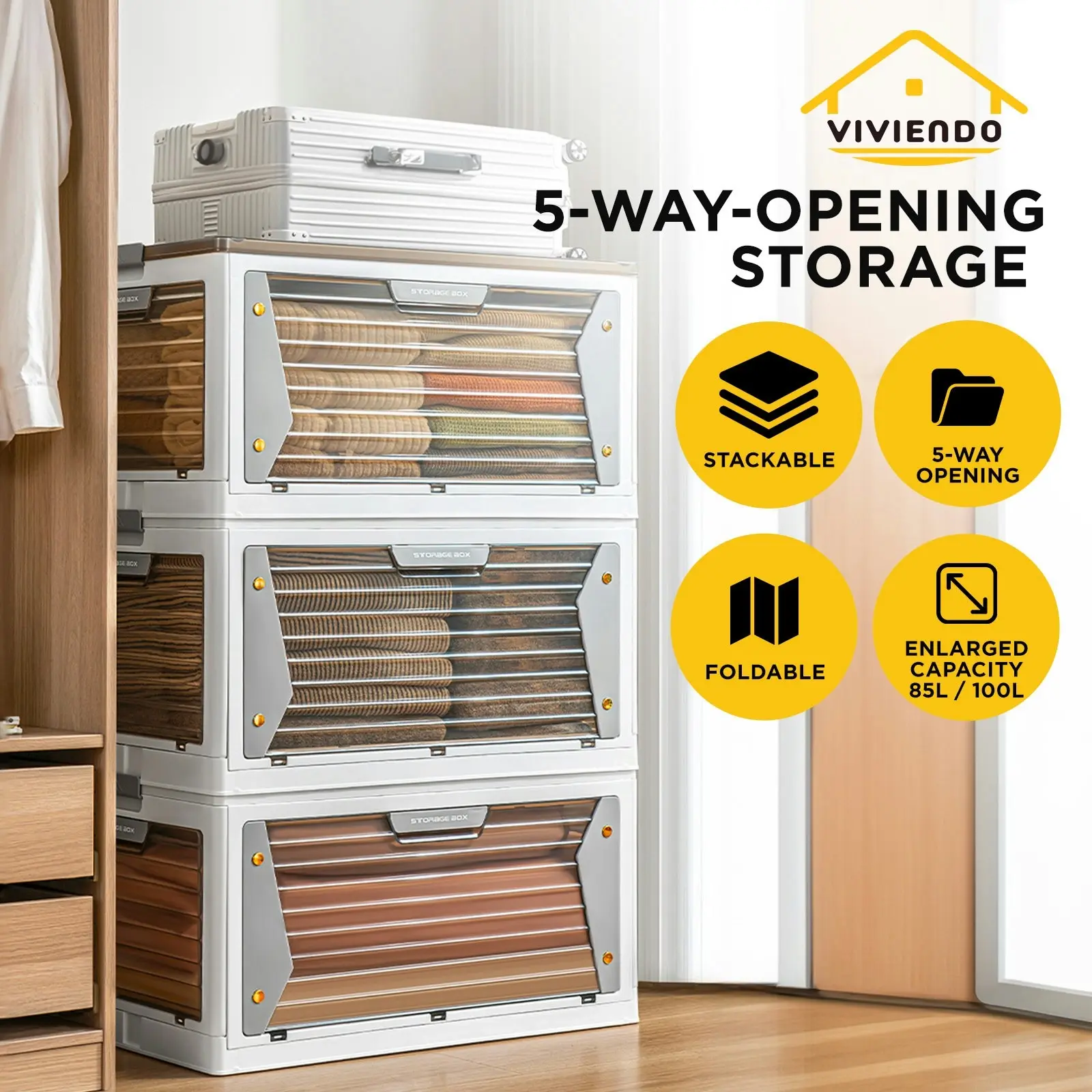 Viviendo Five-sided open-door Stackable Folding Storage Box with wheels - 3 Tiered 255L Large Capacity