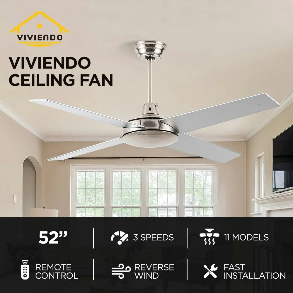 Viviendo 52 Inch 4 Blade Ceiling Fan with 3 Speed Remote Control - Silver