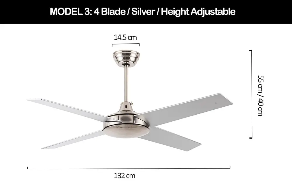 Viviendo 52 Inch 4 Blade Ceiling Fan with 3 Speed Remote Control - Silver