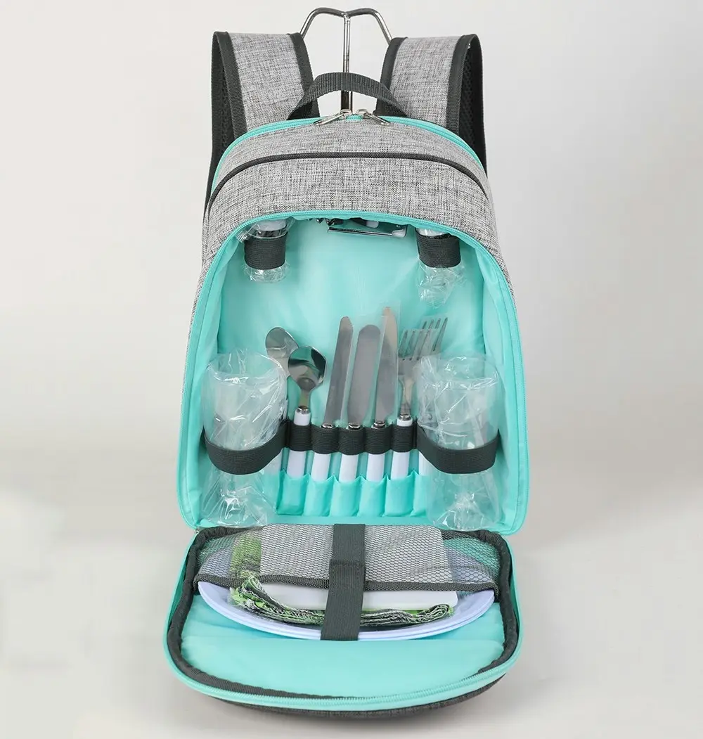 Viviendo Picnic Backpack for 2 Person with Insulated Leakproof Cooler Bag and Cutlery Set - Aqua