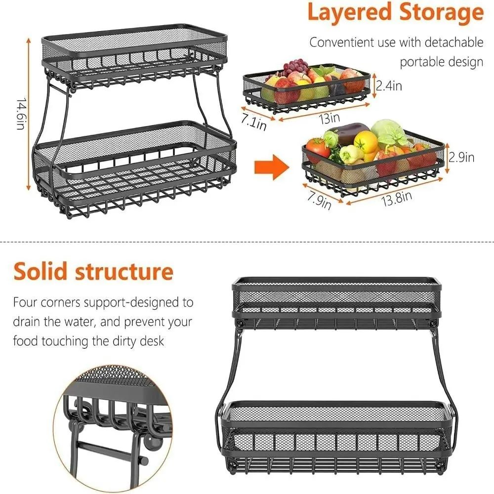 Viviendo 2 Tier Fruit Bowl Carbon Steel Kitchen Fruit and Vegetable Storage Basket