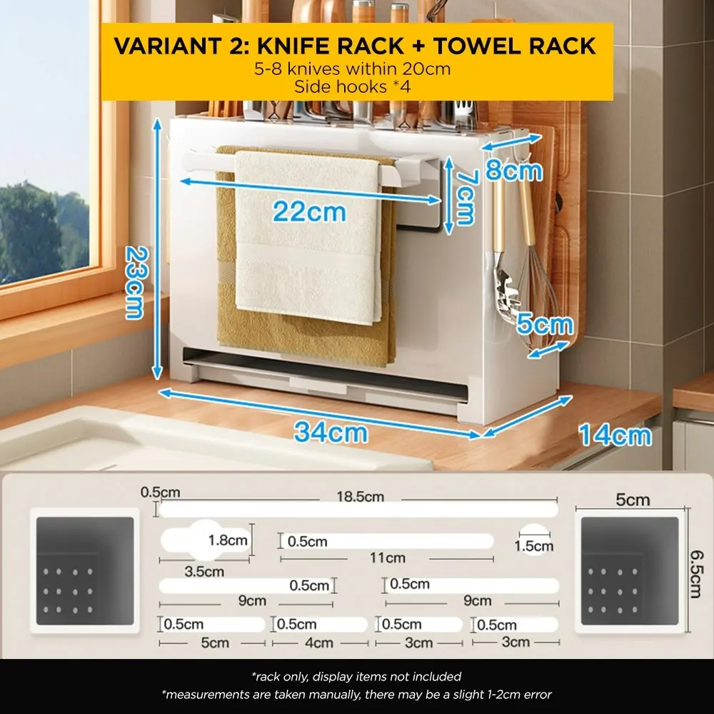 Viviendo Kitchen Knife Block Organiser Storage Cutting Board Holder in Carbon Steel with Towel Rack