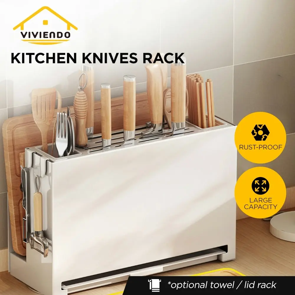 Viviendo Kitchen Knife Block Organiser Storage Cutting Board Holder in Carbon Steel with Towel Rack