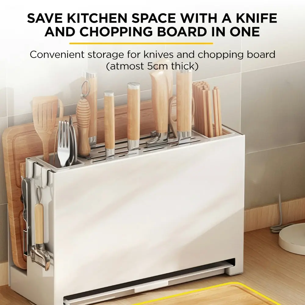 Viviendo Kitchen Knife Block Organiser Storage Cutting Board Holder in Carbon Steel with Towel Rack