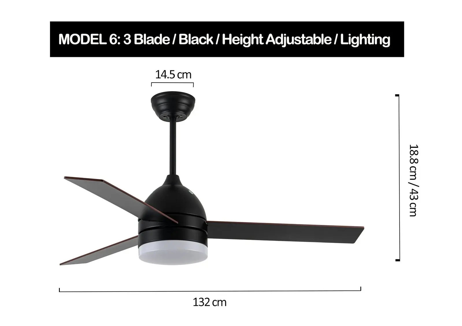 Viviendo 52 Inch 3 Blade Whisper AC Ceiling Fan with LED Light with 3 Speed Remote Control - Black