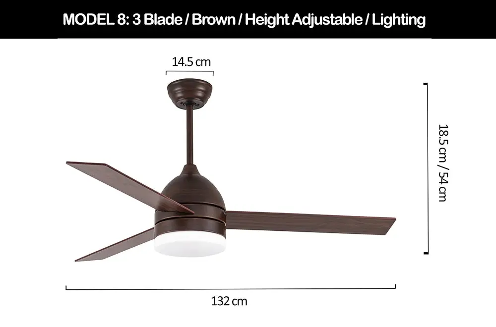 Viviendo 52 Inch 3 Blade Whisper AC Ceiling Fan with LED Light with 3 Speed Remote Control - Brown