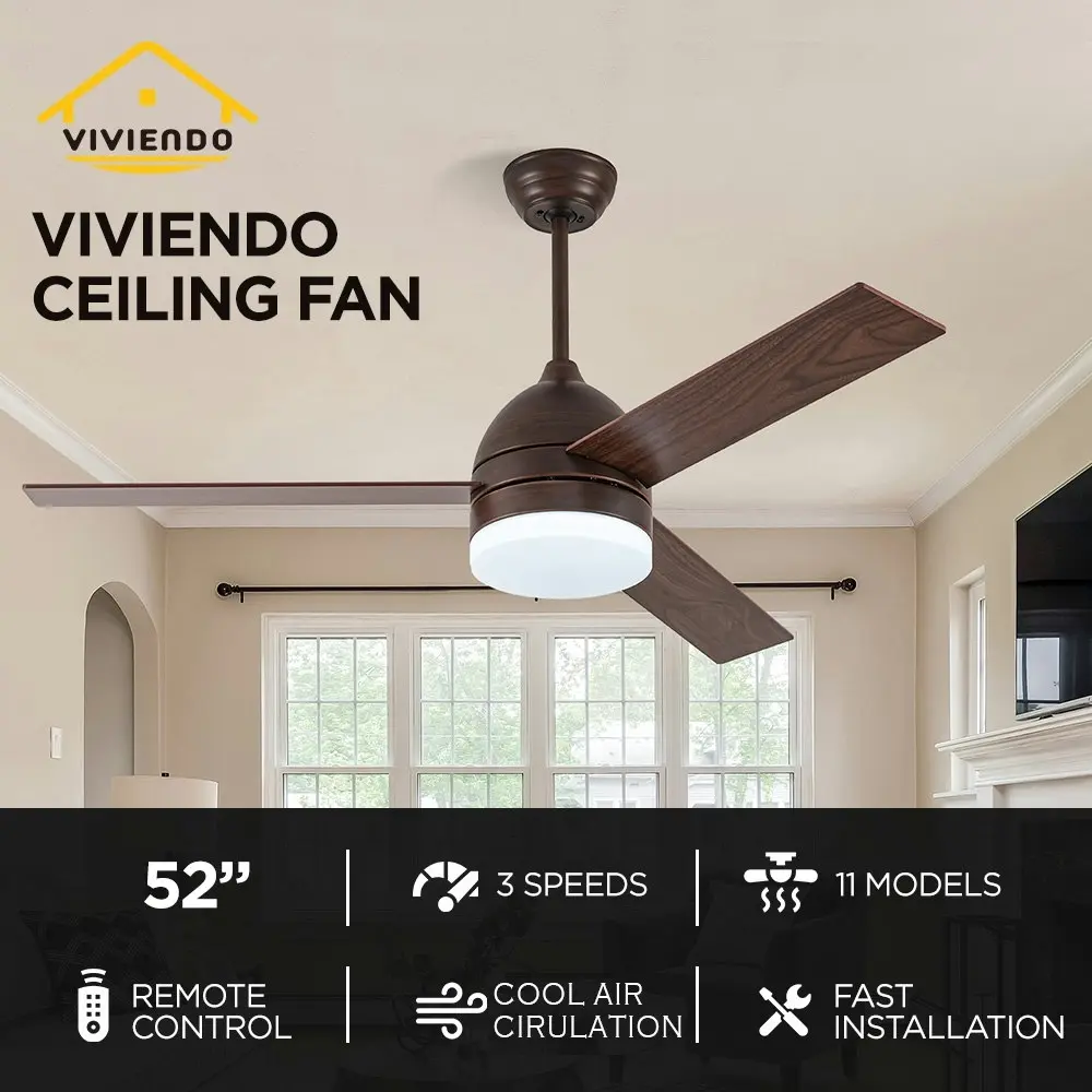 Viviendo 52 Inch 3 Blade Whisper AC Ceiling Fan with LED Light with 3 Speed Remote Control - Brown