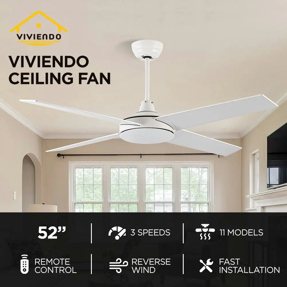 Viviendo 52 Inch 4 Blade Ceiling Fan with 3 Speed Remote Control - White