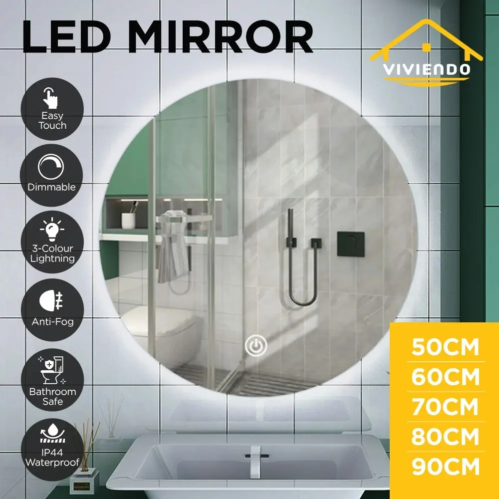 Viviendo 90cm Round LED Mirror Anti-Fog Wall Mounted Bathroom Vanity Dimmable LED Light with Touch Switch