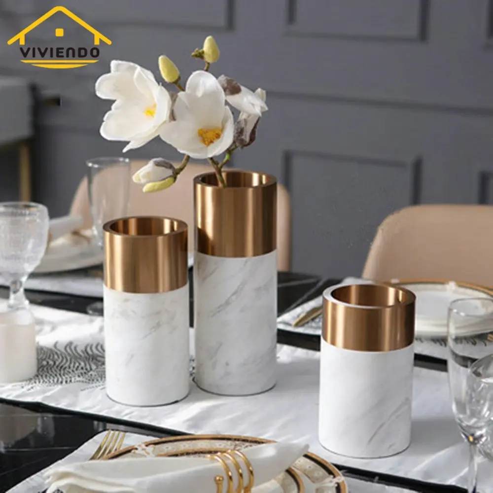 Viviendo Decorative Gold Peak Flower Vase in Aluminium & Marble Stone