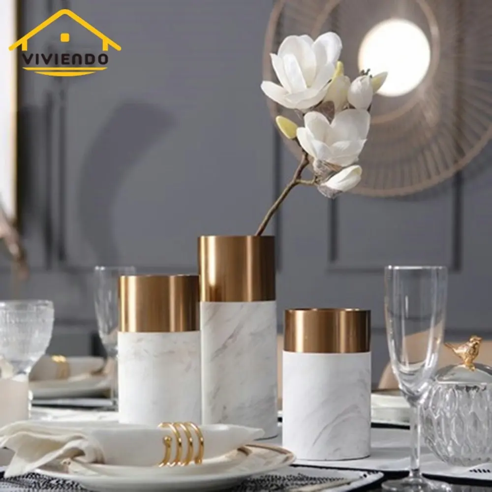 Viviendo Decorative Gold Peak Flower Vase in Aluminium & Marble Stone