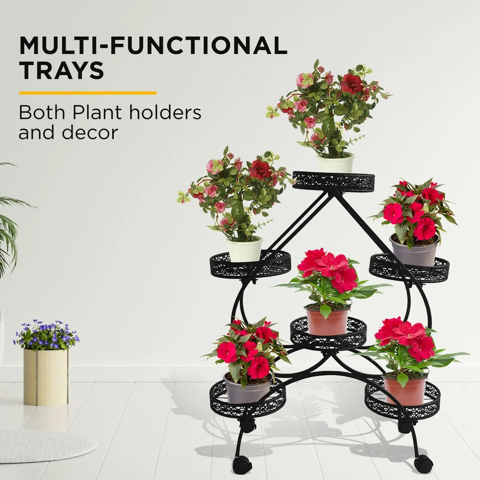 Viviendo 4 Tiers 6 Flower Potted Holders Indoor Metal Plant Stand with Wheels - Spades Black