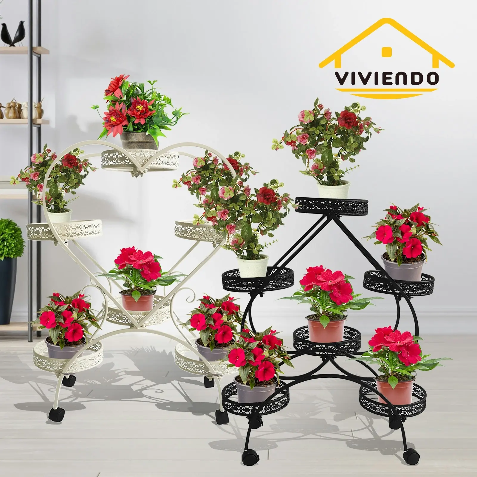 Viviendo 4 Tiers 6 Flower Potted Holders Indoor Metal Plant Stand with Wheels - Spades Black