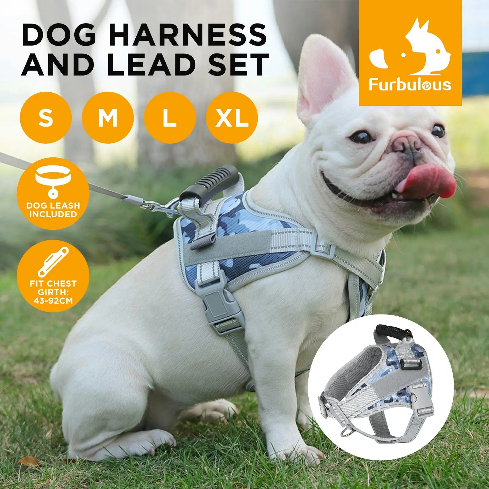 Furbulous No Pull Dog Harness Adjustable Pet Harness Reflective Explosion-proof Shock Dog Harness with 1.5m Lead - Blue Small