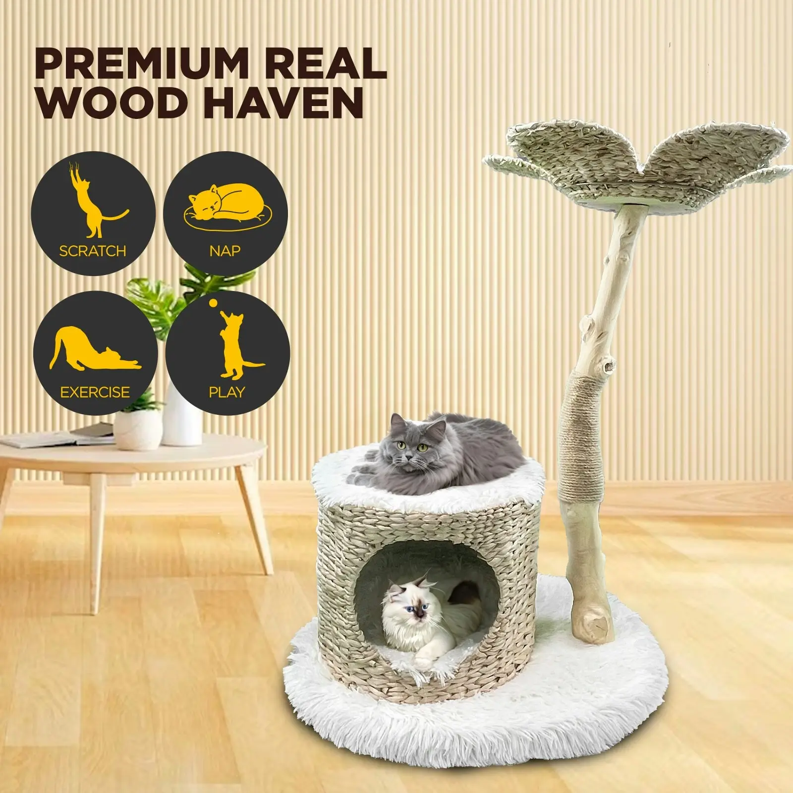 Furbulous Selected Real Wood Cat Tree Rattan tower with Condo House - 81cm