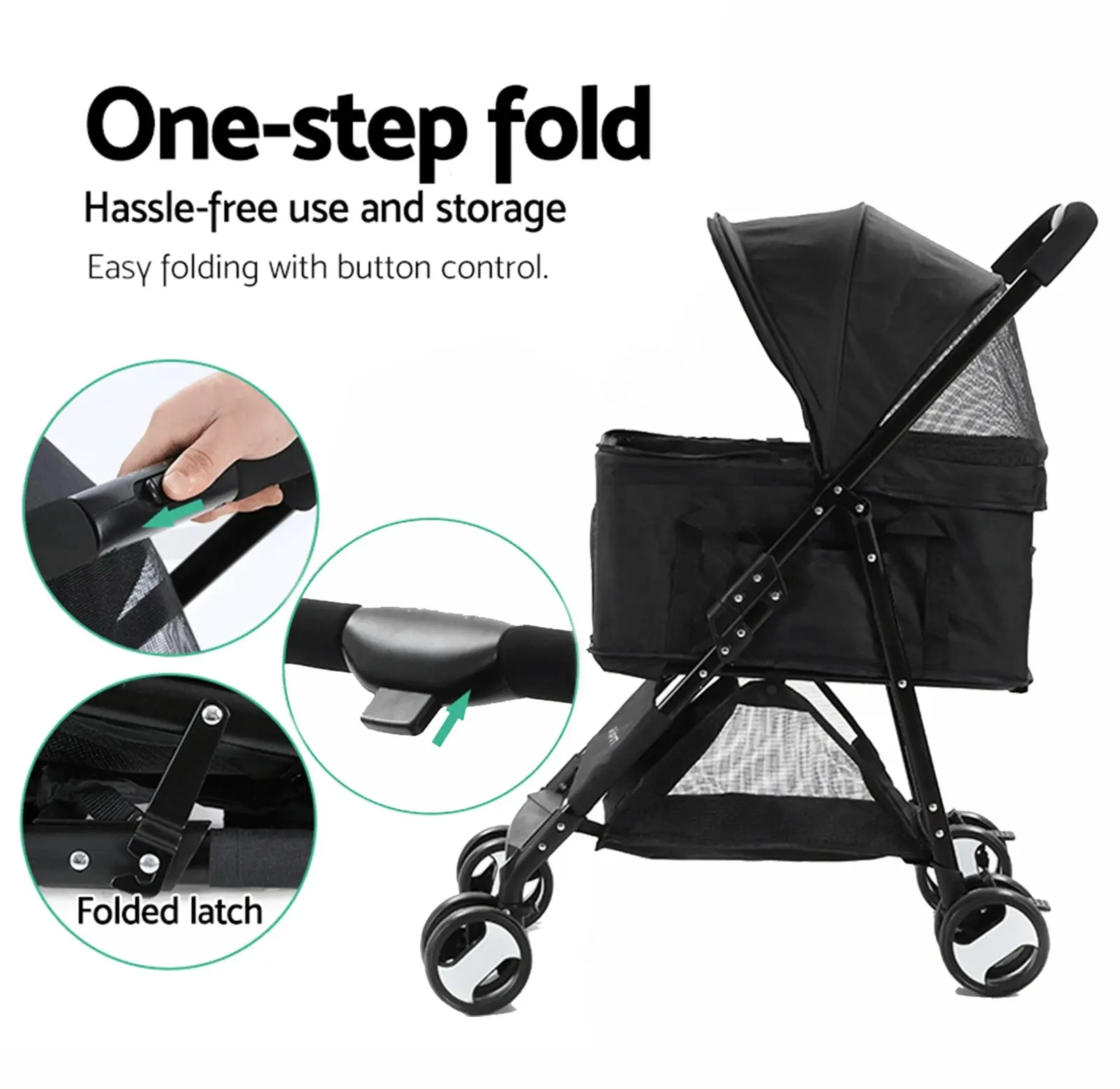 Furbulous Pet Dog Stroller Pram Cat Carrier Large Travel Pushchair Foldable 4 Wheels with Detachable Basket - Black