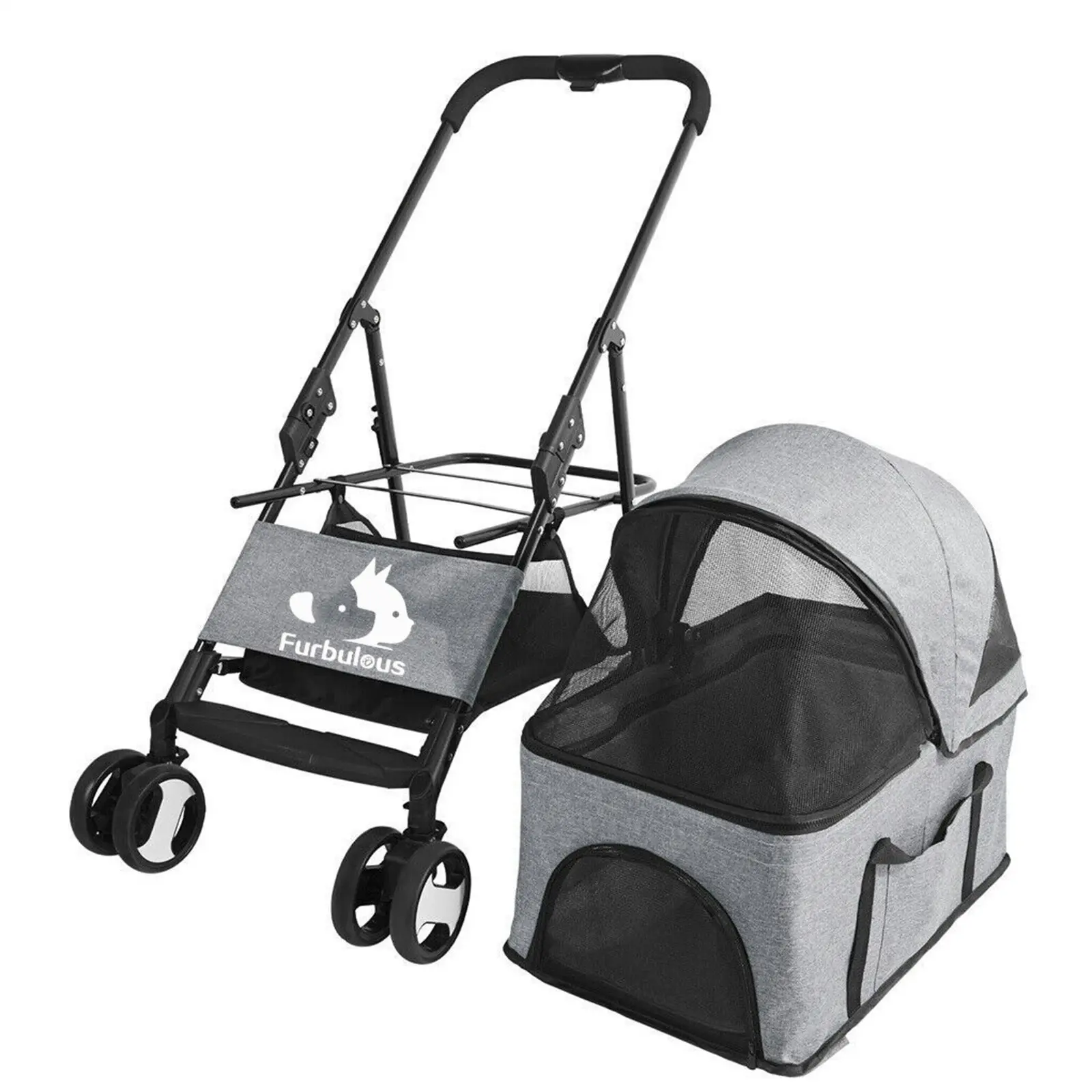 Furbulous Pet Dog Stroller Pram Cat Carrier Large Travel Pushchair Foldable 4 Wheels with Detachable Basket - Grey