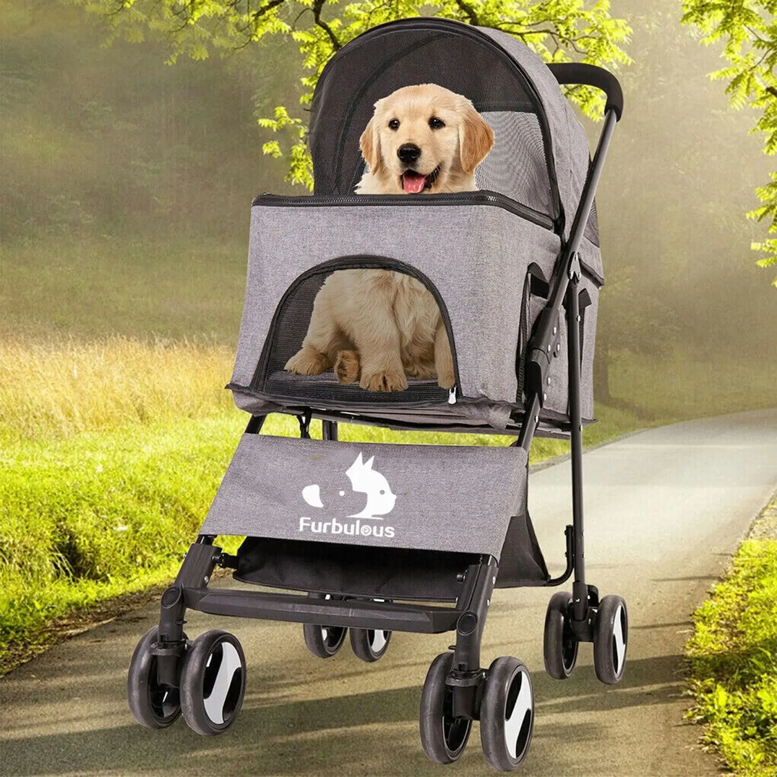 Furbulous Pet Dog Stroller Pram Cat Carrier Large Travel Pushchair Foldable 4 Wheels with Detachable Basket - Grey