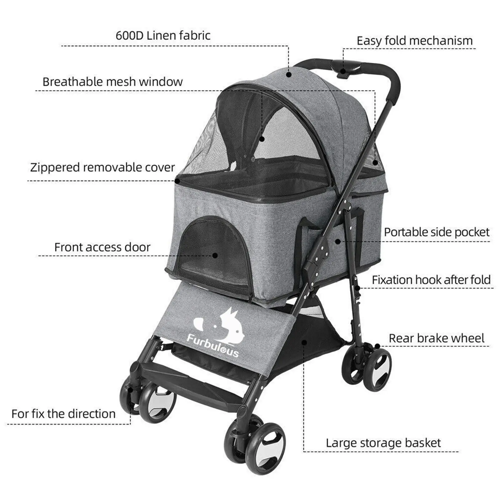 Furbulous Pet Dog Stroller Pram Cat Carrier Large Travel Pushchair Foldable 4 Wheels with Detachable Basket - Grey