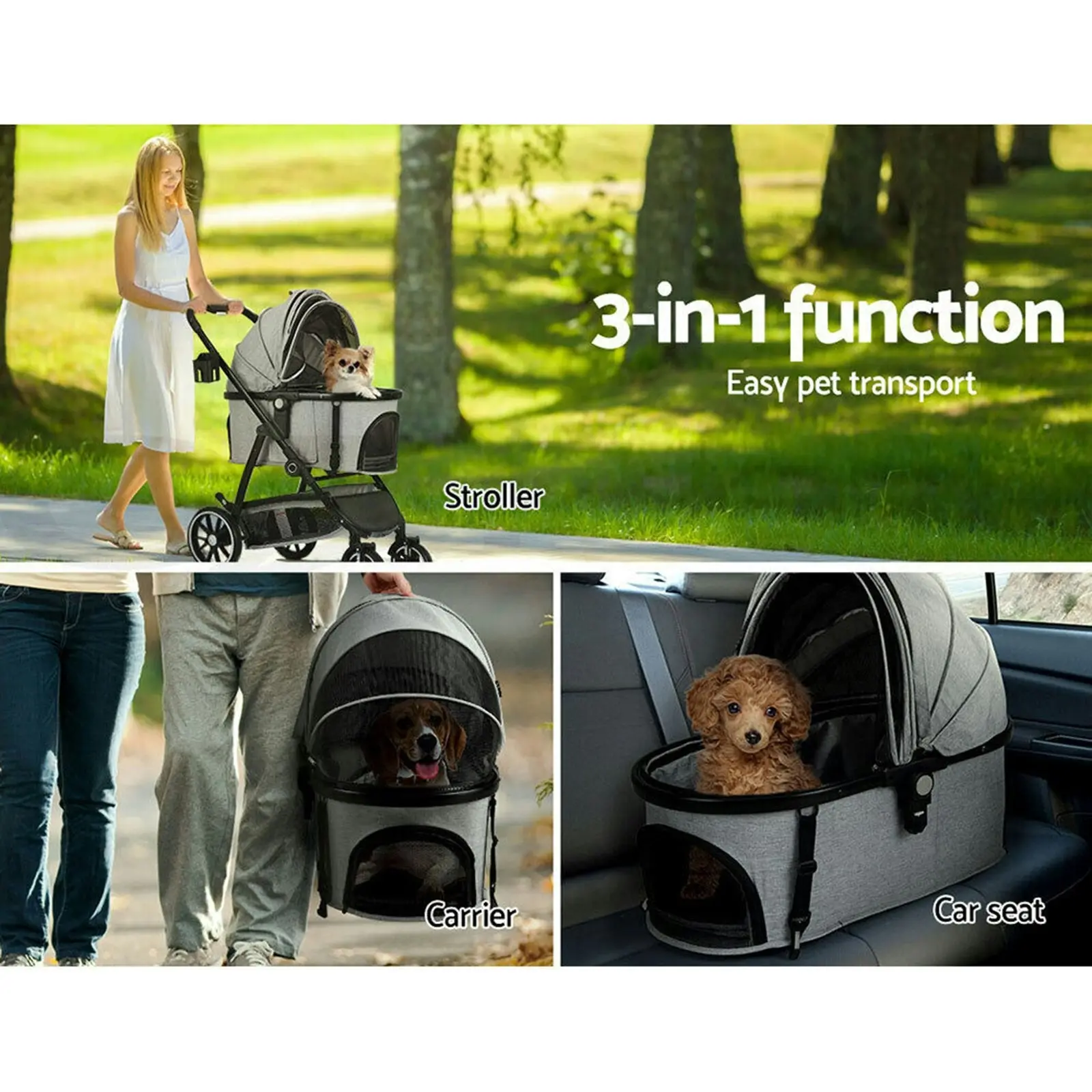 Furbulous Pet Dog Stroller Pram Cat Carrier Large Travel Pushchair Foldable 4 Wheels with Detachable Basket - Grey