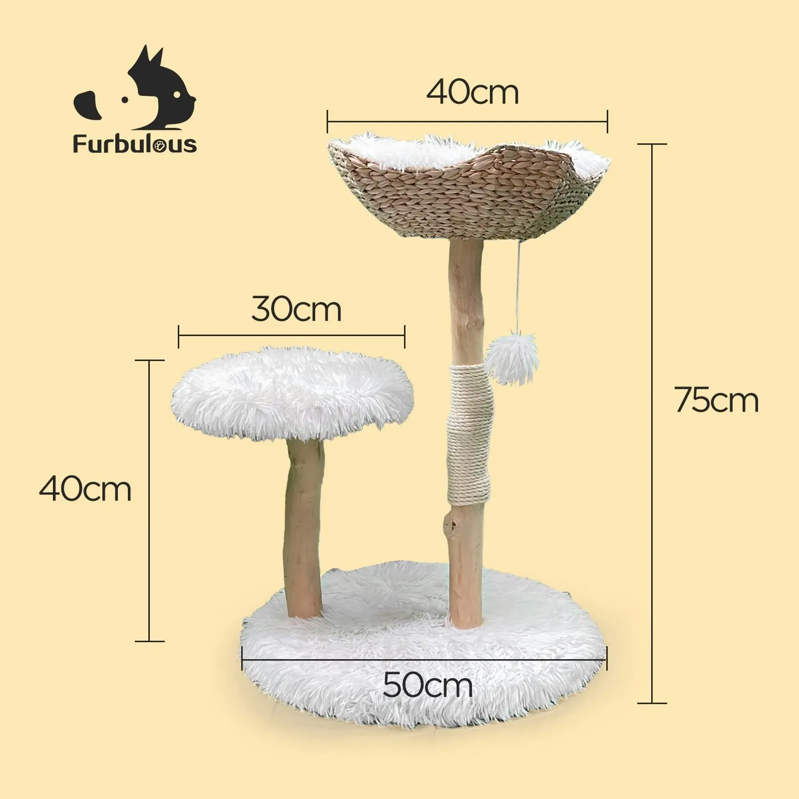 Furbulous Selected Real Wood Cat Tree with Rattan and Plush Fabric - 75cm