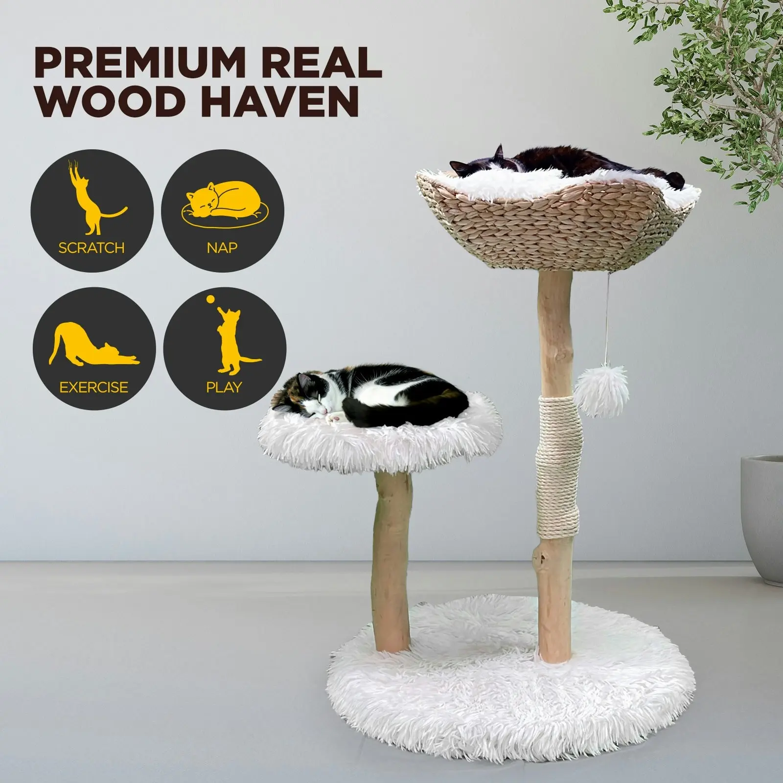 Furbulous Selected Real Wood Cat Tree with Rattan and Plush Fabric - 75cm