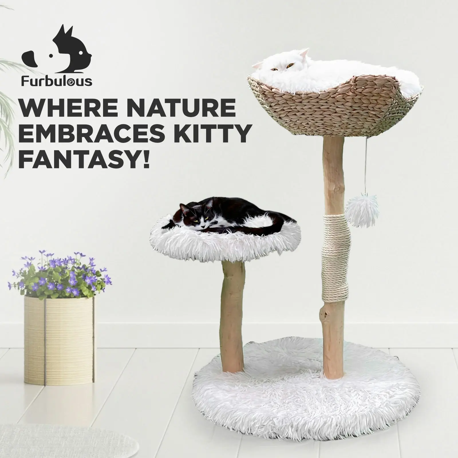 Furbulous Selected Real Wood Cat Tree with Rattan and Plush Fabric - 75cm