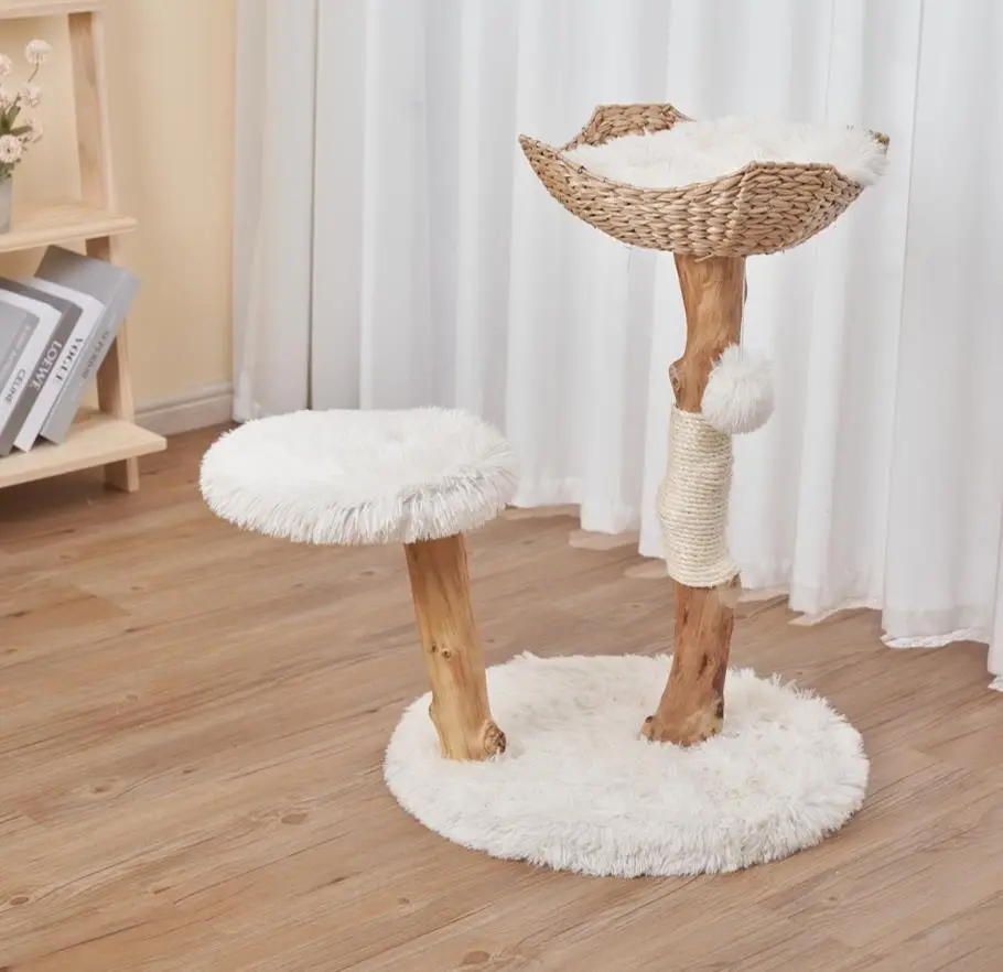 Furbulous Selected Real Wood Cat Tree with Rattan and Plush Fabric - 75cm