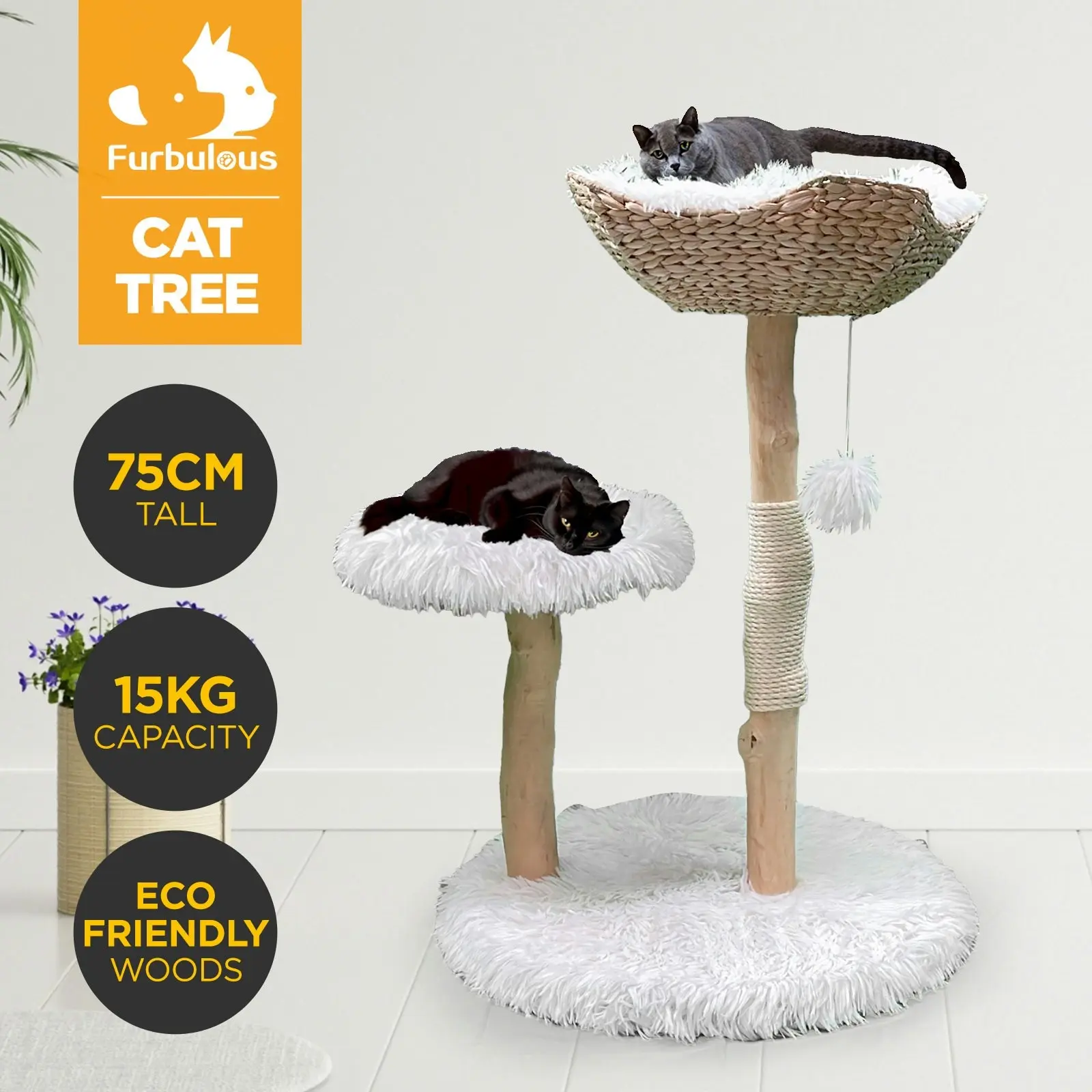 Furbulous Selected Real Wood Cat Tree with Rattan and Plush Fabric - 75cm