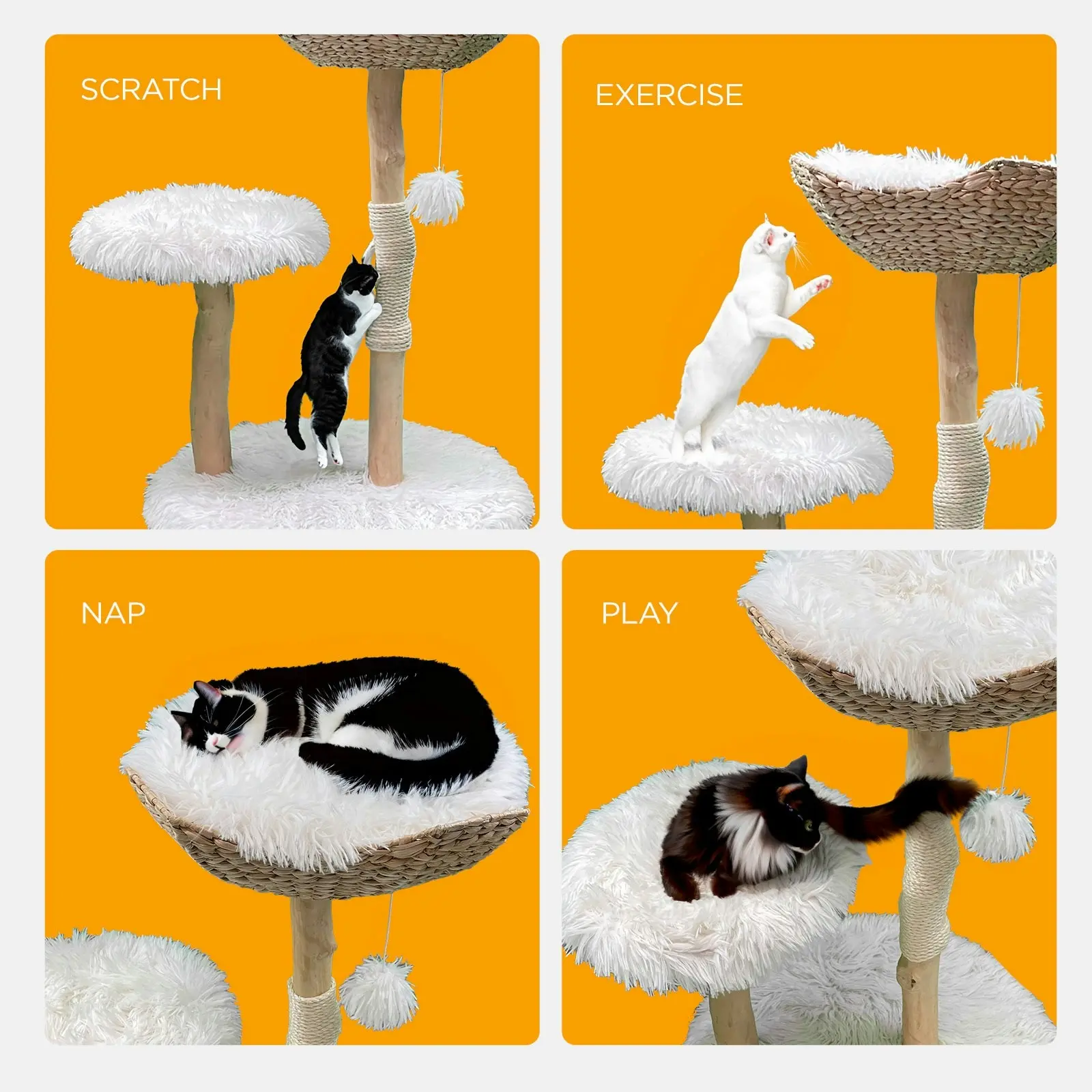 Furbulous Selected Real Wood Cat Tree with Rattan and Plush Fabric - 75cm